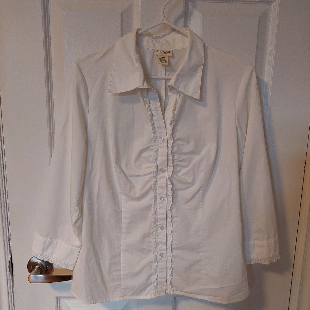 Women's Cherokee Cotton Blend White Pleated Ruffled Shirt, Size M
